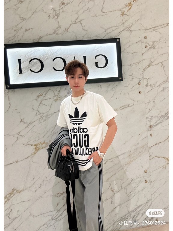 #The upper body effect#GucciSummer new Gucci  Adidas co-branded clover logo letter print round neck short sleeve T-shirt, simple Logo logo exquisite upgrade, feel very comfortable Fashion and personality Super versatile 