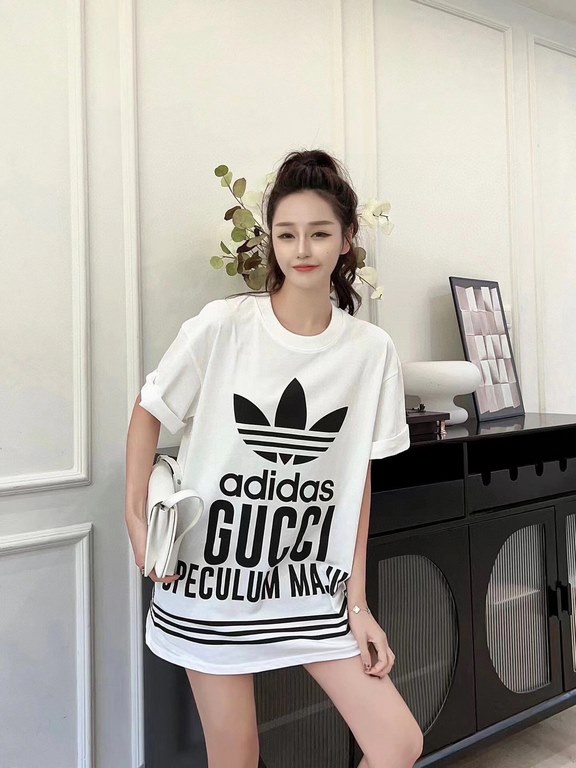 #The upper body effect#GucciSummer new Gucci  Adidas co-branded clover logo letter print round neck short sleeve T-shirt, simple Logo logo exquisite upgrade, feel very comfortable Fashion and personality Super versatile 