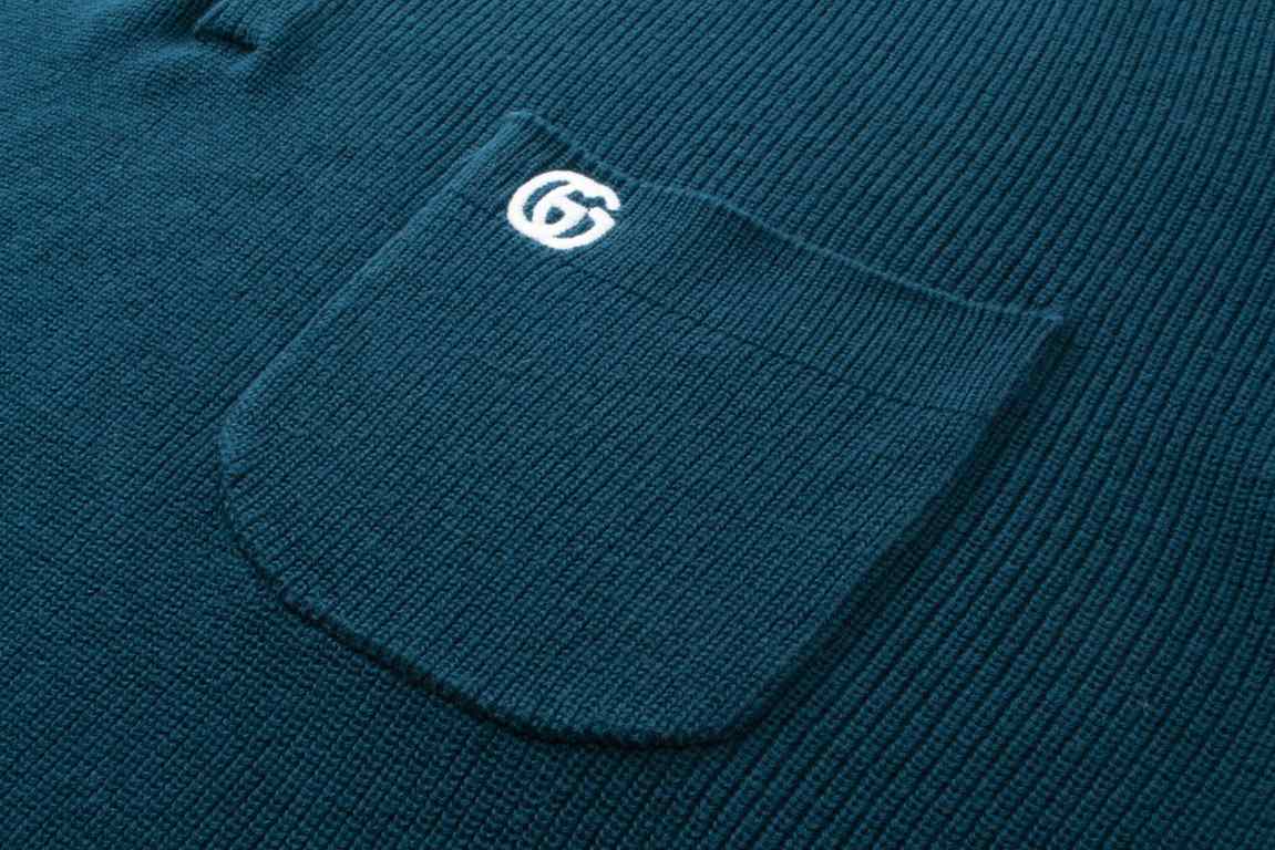 Gucci Gucci 2024FW FallWinter Wool Knit Cotton Blend Polo ShirtNavy blue cotton and wool knit blend, double G embroidery, gold tone buttons, polo collar, dolman sleeves, patch pockets, striped ribbed piping, button plack