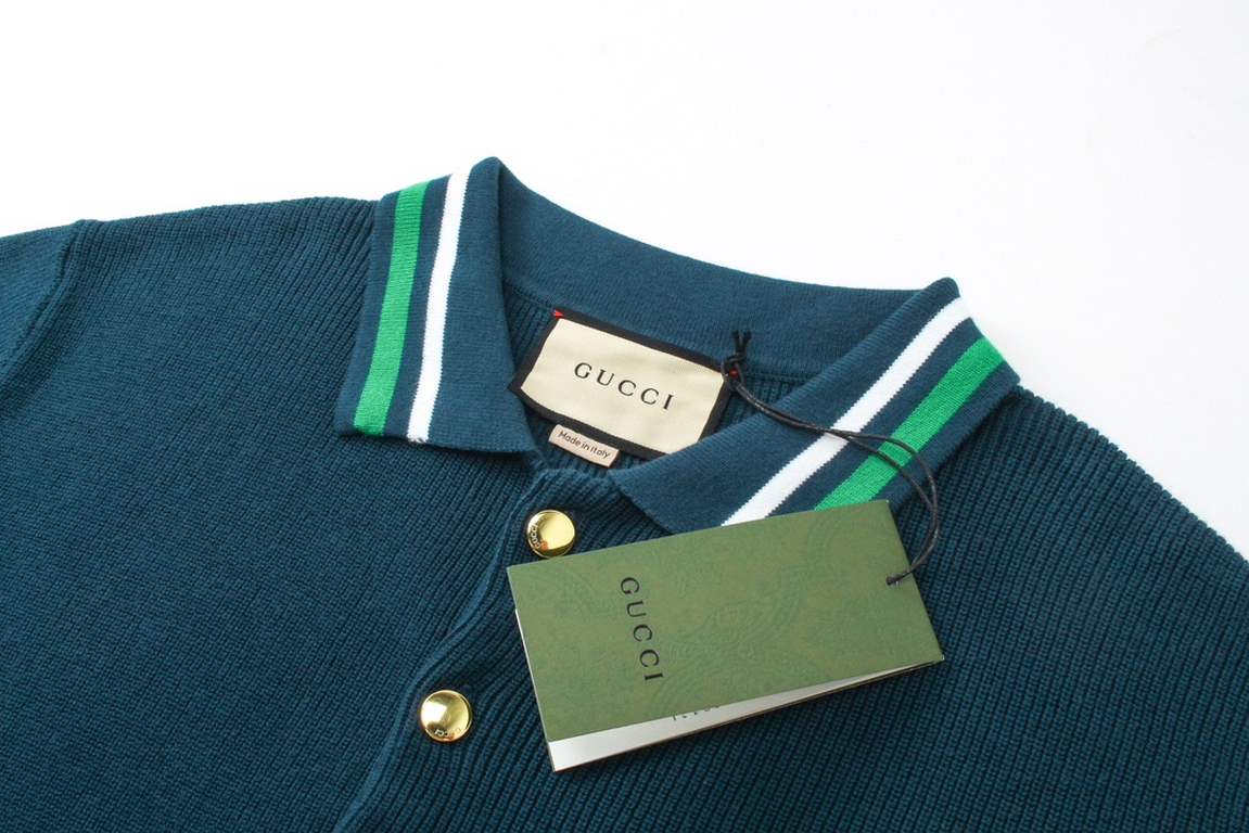 Gucci Gucci 2024FW FallWinter Wool Knit Cotton Blend Polo ShirtNavy blue cotton and wool knit blend, double G embroidery, gold tone buttons, polo collar, dolman sleeves, patch pockets, striped ribbed piping, button plack