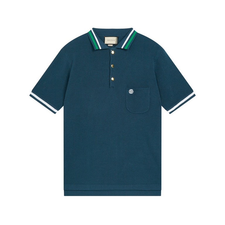 Gucci Gucci 2024FW FallWinter Wool Knit Cotton Blend Polo ShirtNavy blue cotton and wool knit blend, double G embroidery, gold tone buttons, polo collar, dolman sleeves, patch pockets, striped ribbed piping, button plack