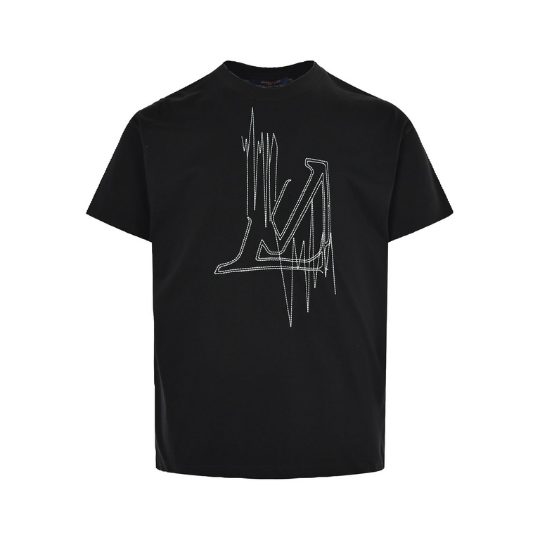 Louis Vuitton 23ss embroidered fringe micro logo short sleeveHeartbeat frequency embroidered T-shirt customer order 220g32s plain knit fabric skin-friendly breathable fine Chest using screen printing process and then wit