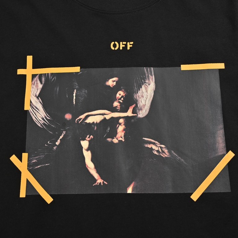 OFF WHITE CO VIRGIL 23ss Religious Angel Yellow Arrow Print Short SleeveAll fabrics and threads are custom knitted and custom dyed All fabric colors are color-coded and custom dyed fabrics without any color difference Th