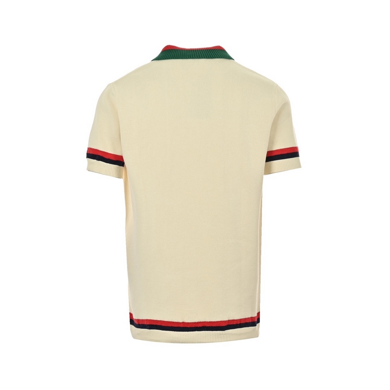 GucciGucci 24ss Double G Embroidered Knit Polo Chest Short SleeveIvory cotton jersey, red and blue appliqué, interlocking double G embroidered appliqué, webbed lapel, button front, dolman sleeves, ribbed pipingIvory colo