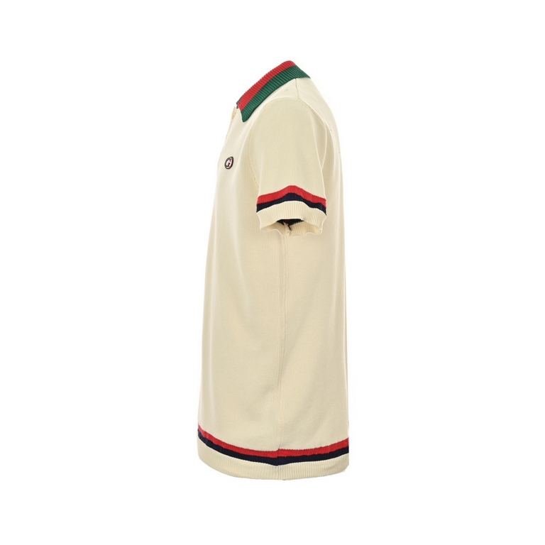 GucciGucci 24ss Double G Embroidered Knit Polo Chest Short SleeveIvory cotton jersey, red and blue appliqué, interlocking double G embroidered appliqué, webbed lapel, button front, dolman sleeves, ribbed pipingIvory colo