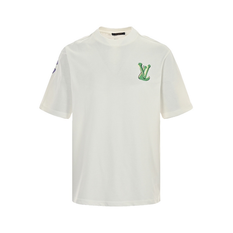 Louis Vuitton 24ss Back Colorful Letter Print Short SleeveLouis ViuttonLouis Vuitton 24ss Short Sleeve Colorful Monogram Print on BackExplosive spot spring and summer short-sleeved, simple basic closet gods, casual and v