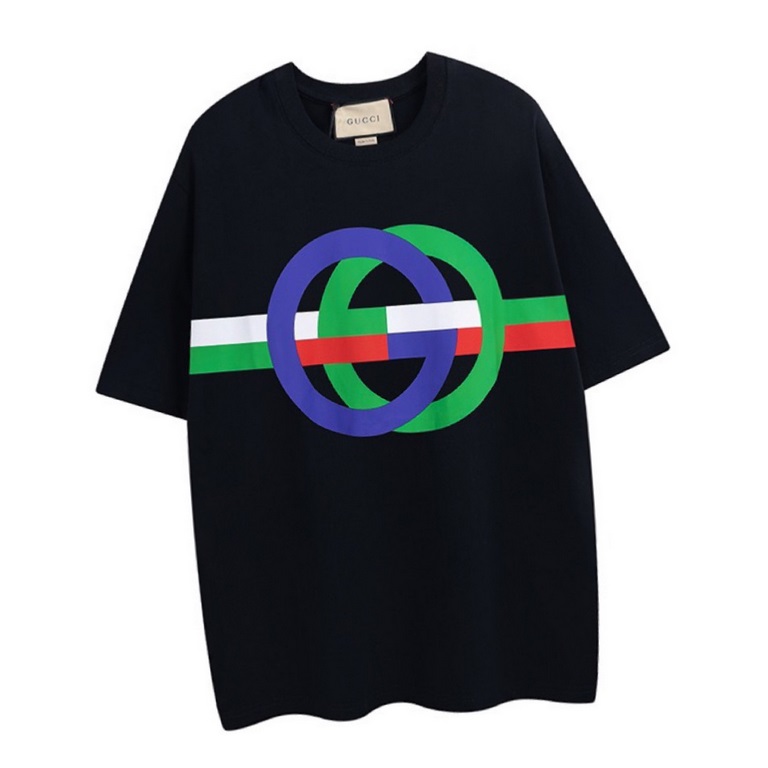 GucciSummer new G round double G color collision round neck short sleeve T-shirt GG pattern with a variety of colors, artisanal rendering and convergence of a colorful stripes on the body of a comfortable and comfortable