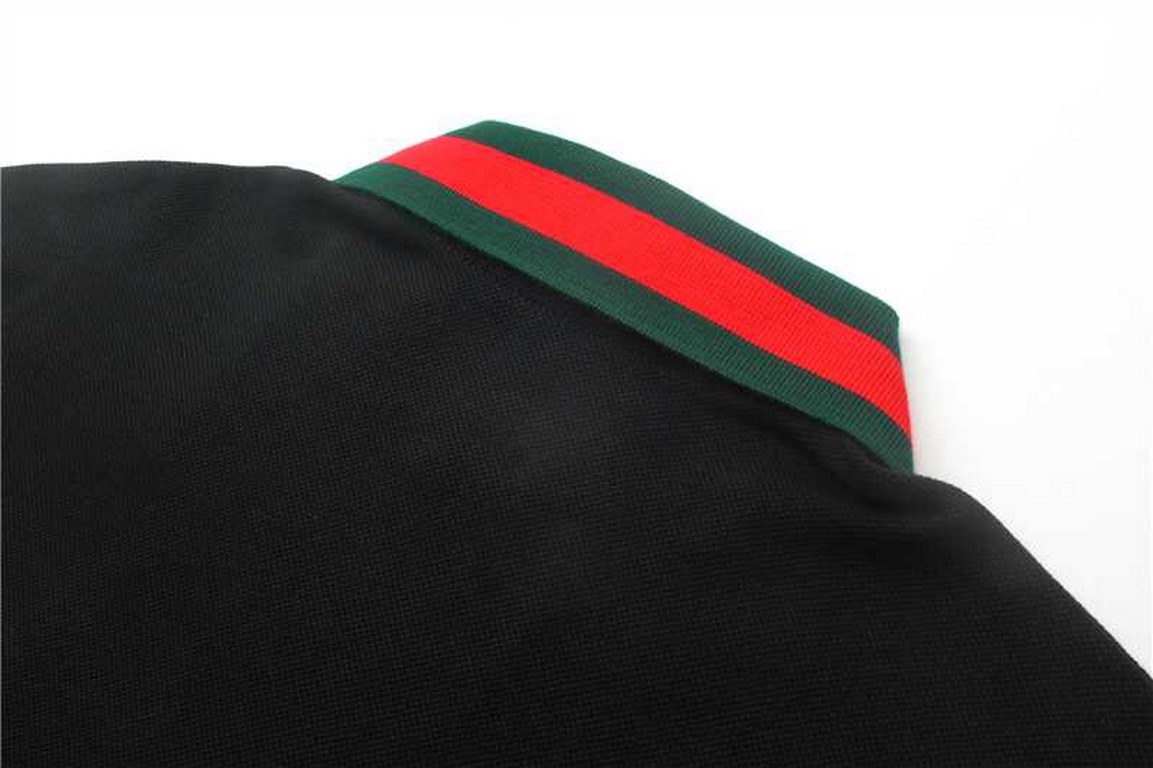 Gucci Gucci 24SS Caviar 260g red and green striped collar embroidered double G short sleeve polo shirtBlack colorSize XS-L