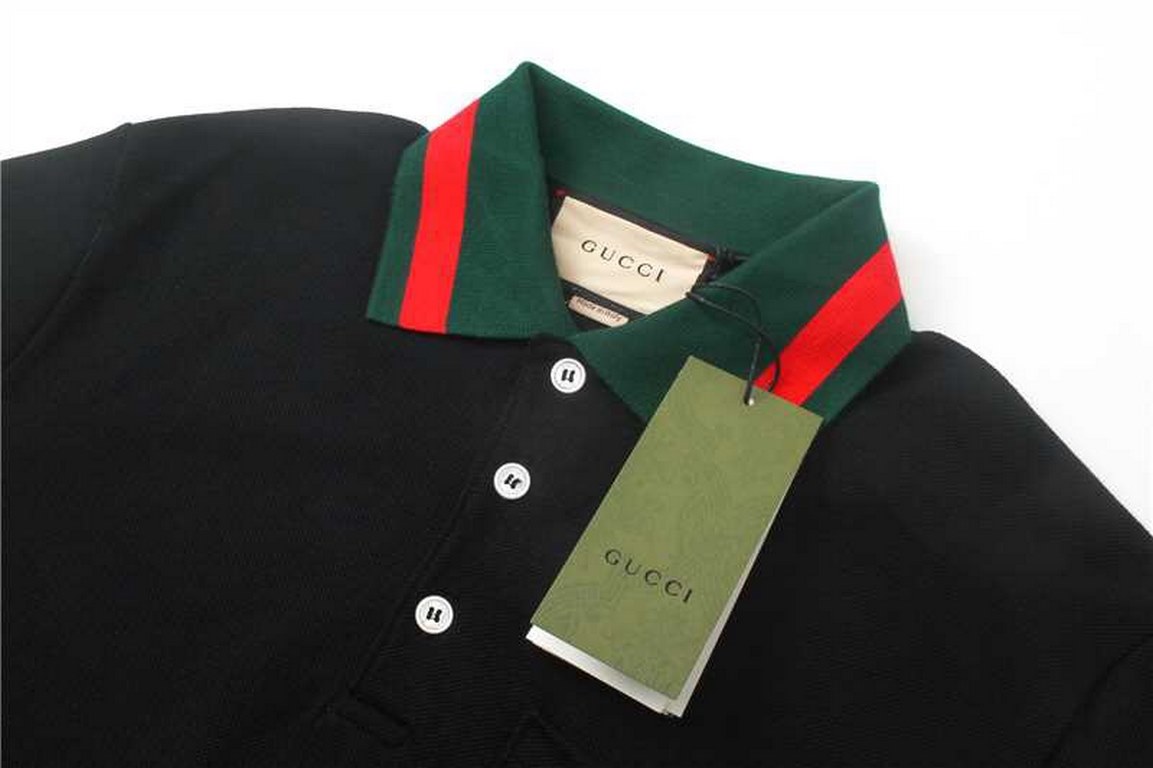 Gucci Gucci 24SS Caviar 260g red and green striped collar embroidered double G short sleeve polo shirtBlack colorSize XS-L