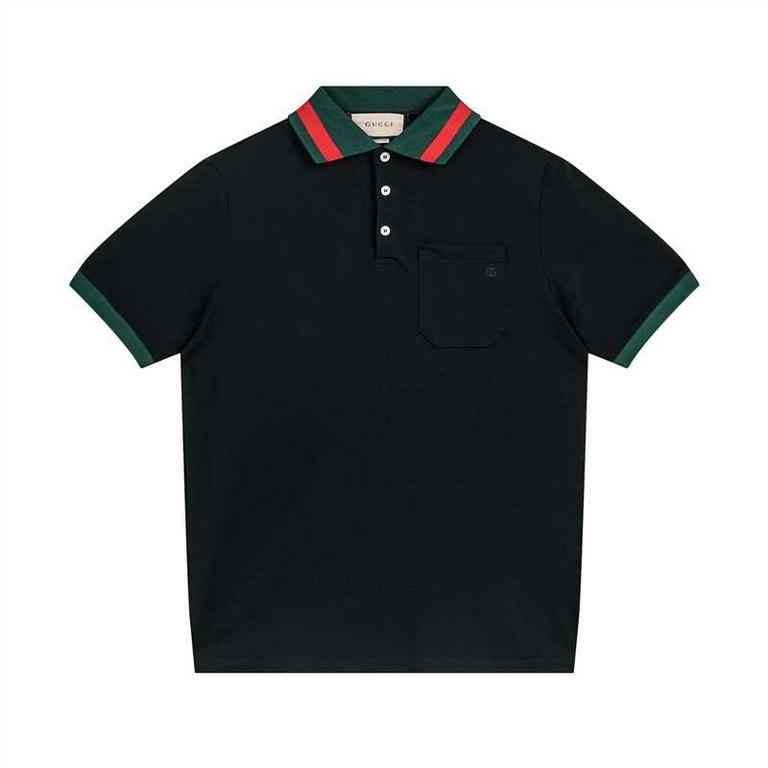 Gucci Gucci 24SS Caviar 260g red and green striped collar embroidered double G short sleeve polo shirtBlack colorSize XS-L