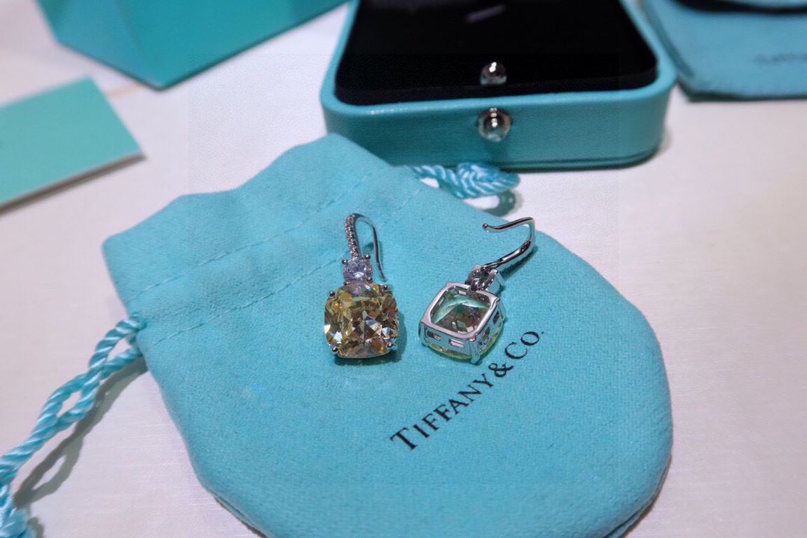 Ear hooks   Tiffany Tiffany fine jewelry custom luxury square yellow diamond earrings high-end custom original single 925 sterling silver micro-set full of diamonds to create a super shiny texture awesome on the ear gorg