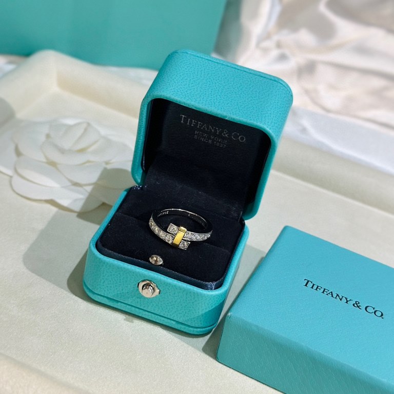 Tiffany   models Tiffany 23C new row of diamonds two-tone ring simple atmosphere versatile non-fading non-allergic body S925 sterling silver material plating thick gold fashionable timeless models trendy single color pla