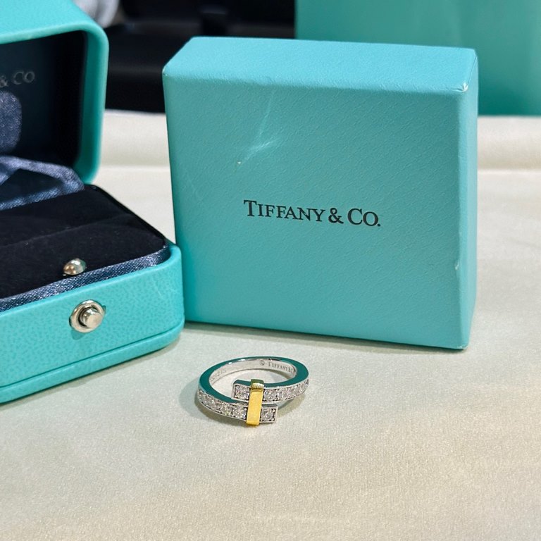 Tiffany   models Tiffany 23C new row of diamonds two-tone ring simple atmosphere versatile non-fading non-allergic body S925 sterling silver material plating thick gold fashionable timeless models trendy single color pla