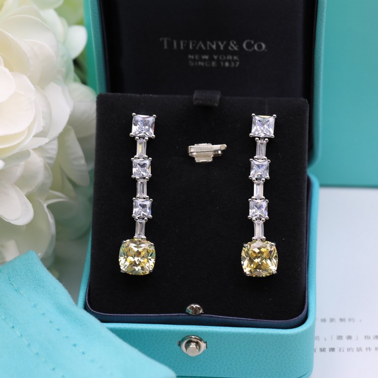 Tiffany Tiffany fine jewelry custom luxury tassel square yellow diamond earrings high-end custom original single 925 silver needle material micro-set full of diamonds to create a super flash texture awesome on the ear go