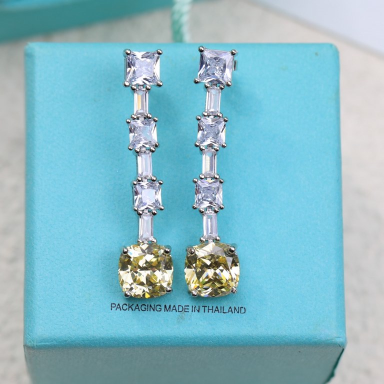 Tiffany Tiffany fine jewelry custom luxury tassel square yellow diamond earrings high-end custom original single 925 silver needle material micro-set full of diamonds to create a super flash texture awesome on the ear go