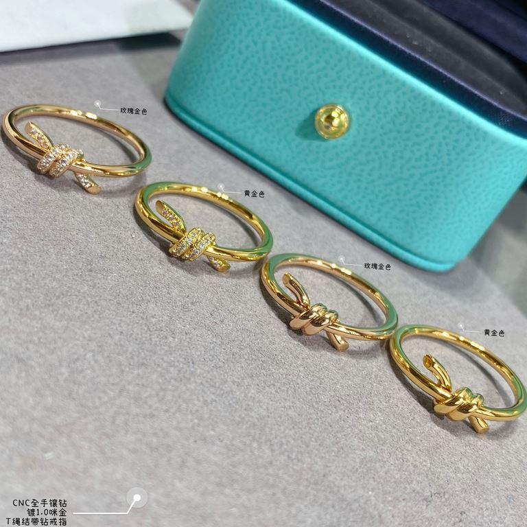 V gold material . ZP open version, Tiffany CNC hand with diamonds T rope knot ring   code 5678   The intertwined ends are a powerful symbol of emotional connection, elegant temperament models, cost-effective Super high T