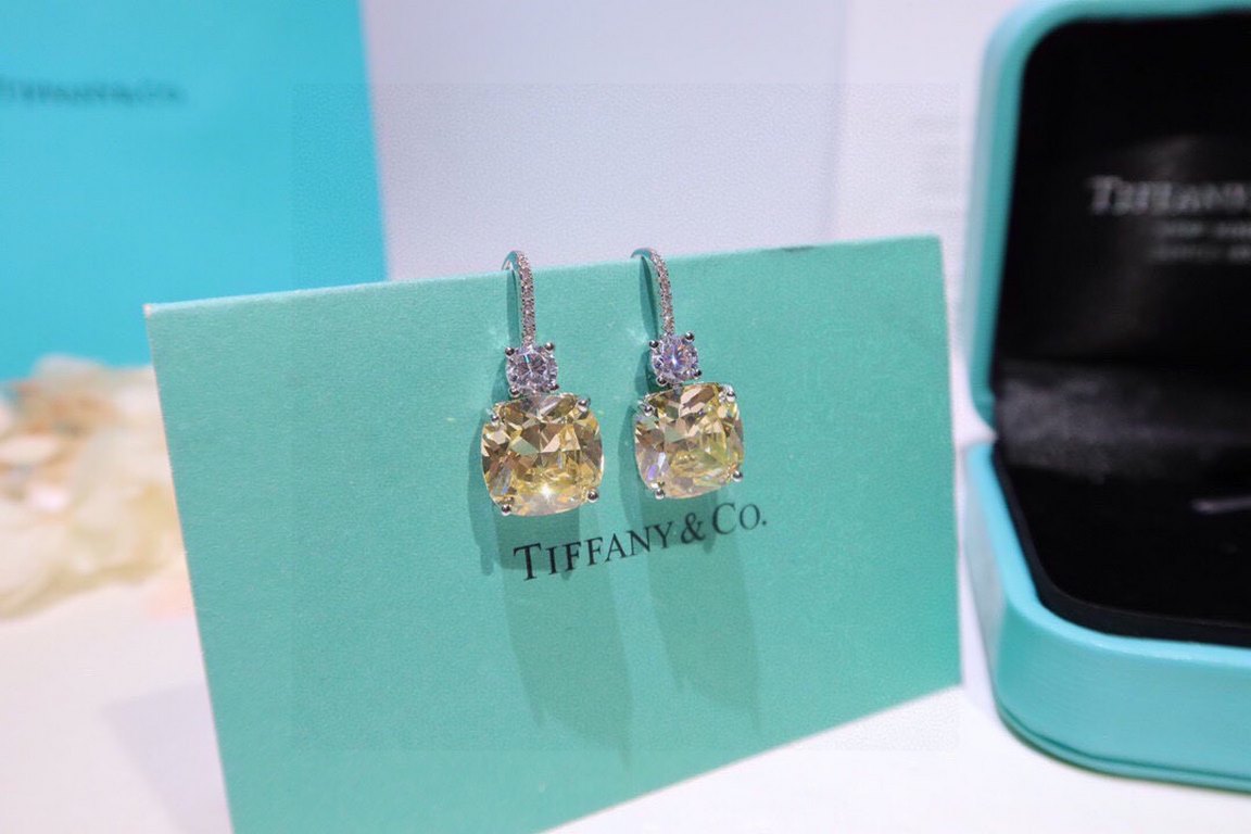 Ear hooks   Tiffany Tiffany fine jewelry custom luxury square yellow diamond earrings high-end custom original single 925 sterling silver micro-set full of diamonds to create a super shiny texture awesome on the ear gorg