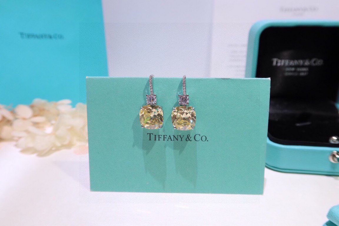 Ear hooks   Tiffany Tiffany fine jewelry custom luxury square yellow diamond earrings high-end custom original single 925 sterling silver micro-set full of diamonds to create a super shiny texture awesome on the ear gorg