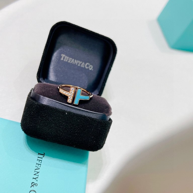 Tiffany Tiffany New listing turquoise spliced diamonds asymmetric double T open ring Selected German imported s925 sterling silver material Original consistent one to one customized High-end imported customized openings 