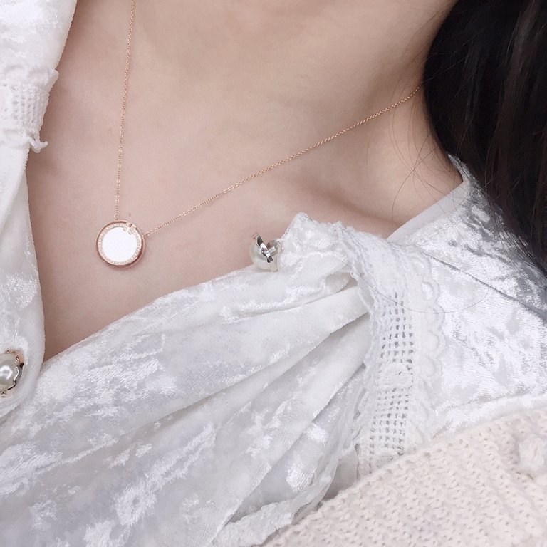 xx302  tiff Tiffany Gu Jia goddess same models double t smiley   necklace (upgraded CNC version of the Roman disc collarbone chain Double T natural stone necklace High-end customized 925 sterling silver Micro-setting pro