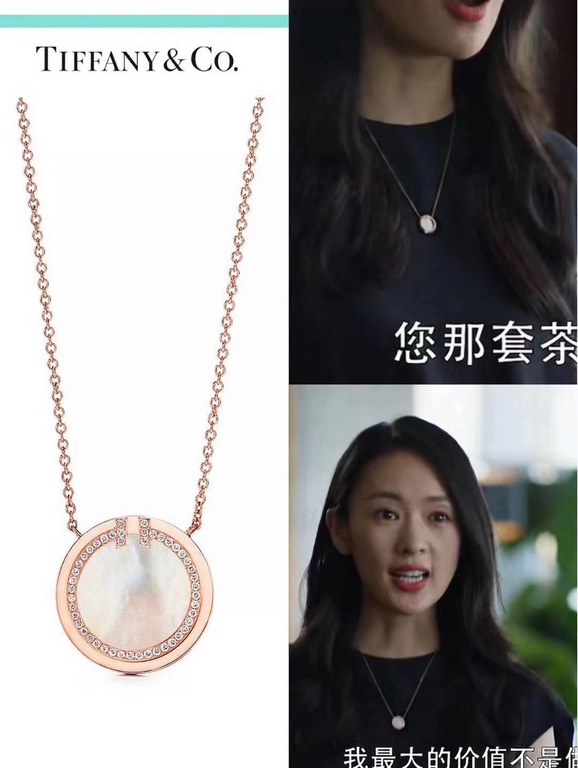 xx302  tiff Tiffany Gu Jia goddess same models double t smiley   necklace (upgraded CNC version of the Roman disc collarbone chain Double T natural stone necklace High-end customized 925 sterling silver Micro-setting pro