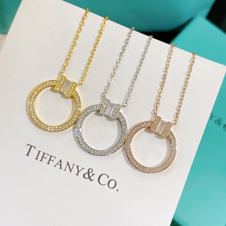 B214  [Buy level] Tiffany Tiffany 21 years new listing! T two series circle square diamonds double T necklace Selected original consistent imported s925 sterling silver material plating 18k rose gold using high carbon di