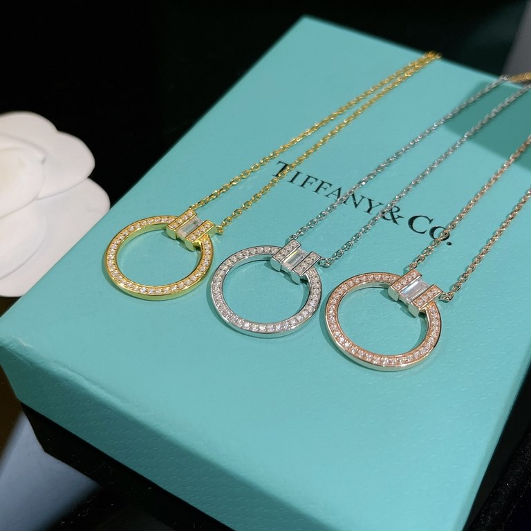 B214  [Buy level] Tiffany Tiffany 21 years new listing! T two series circle square diamonds double T necklace Selected original consistent imported s925 sterling silver material plating 18k rose gold using high carbon di