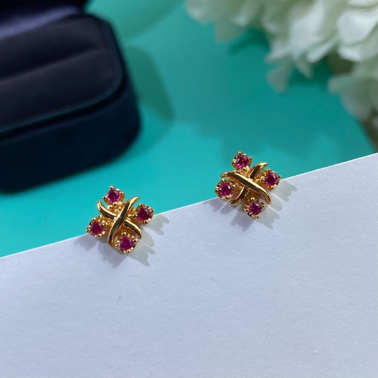 Thick gold plated, v-gold material.      Tiffany classic model crossover pink diamond earrings, presenting Elegant with a sweet one, electroplated with thick gold High-end luxury atmosphere