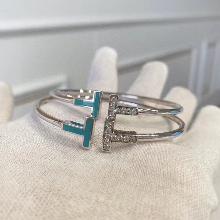 [Tiffany Blue Double T Bracelet with Diamonds] Premium Finished Version T Square Platinum Braceletby TiffanySet with High Carbon DiamondsThe T Square bracelet has a more striking and bold silhouette, with two different s