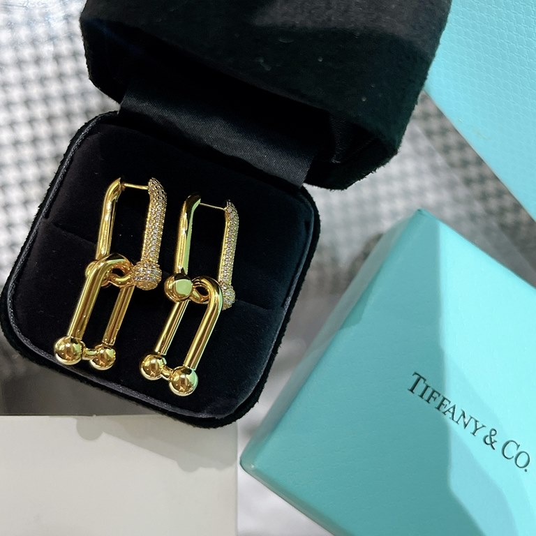 Tiffany Tiffany, the newest joints, double chain earrings, half diamonds, a must-have, removable, one ring, ultra-fine craftsmanship, original V-gold material, electroplated with micrometer, anti-allergy treatment, color