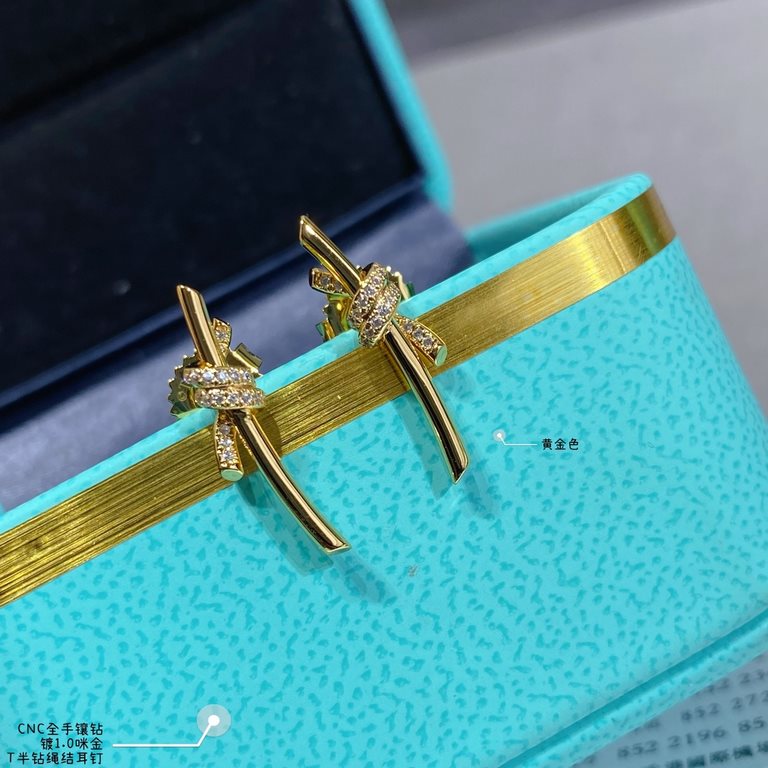 V gold material ZP open version, Tiffany CNC hand-set diamonds half diamonds rope knot earrings   The intertwined ends are a powerful symbol of emotional connection. Elegant temperament models, cost-effective super high 