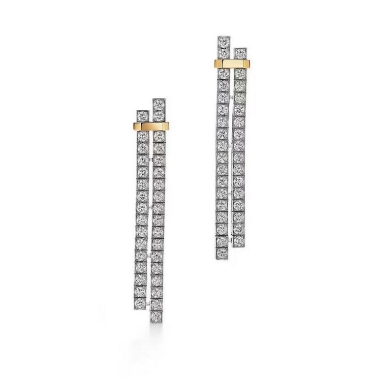 Tiffany   models Tiffany 23C new row of diamonds tassel two-color earrings simple atmosphere versatile does not fade and not allergic to the body S925 sterling silver material plating thick gold fashionable but not fashi