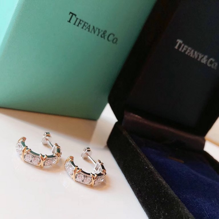 Tiffany Tiffany's new Schlumberger collection four diamond cross full diamond ear hook earrings imported from Germany s925 sterling silver gold-plated polished exquisite noble and elegant genera...