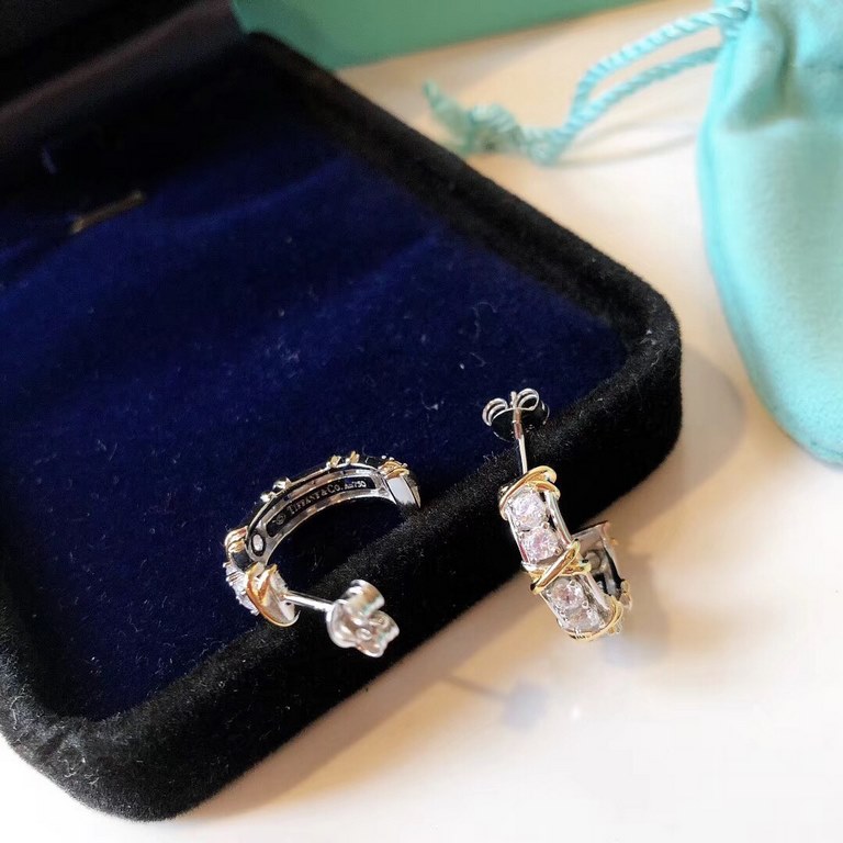 Tiffany Tiffany's new Schlumberger collection four diamond cross full diamond ear hook earrings imported from Germany s925 sterling silver gold-plated polished exquisite noble and elegant genera...