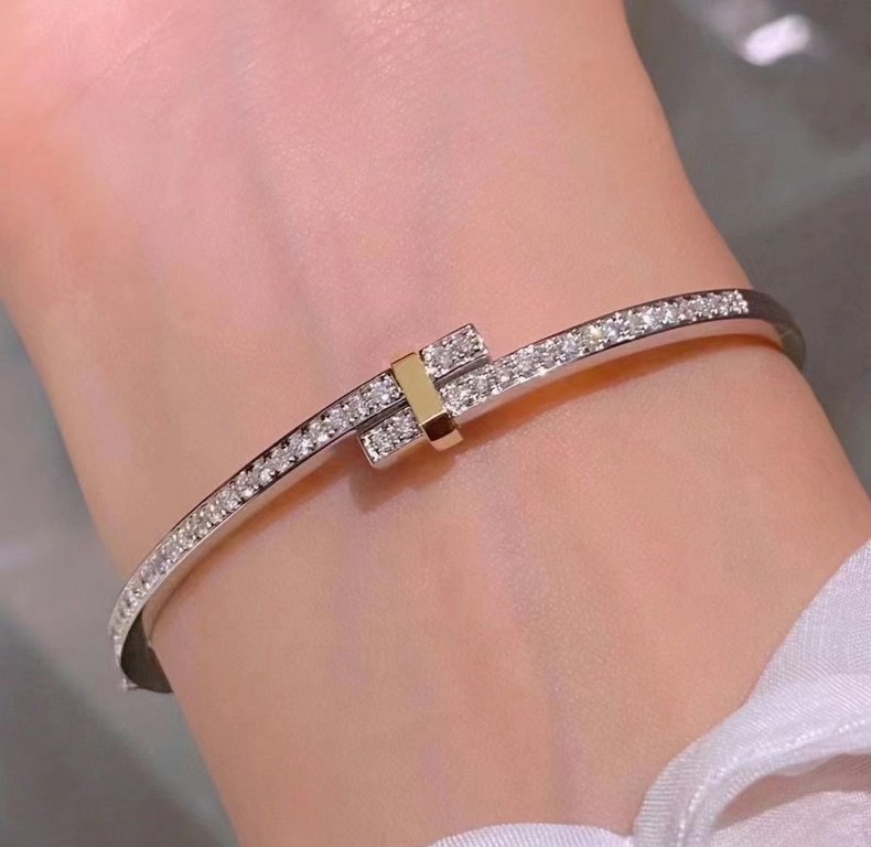 Tiffany   models Tiffany 23C new row of diamonds two-color bracelet simple atmosphere versatile non-fading and non-allergic Throughout the body of the S925 sterling silver material plating thick gold fashionable timeless