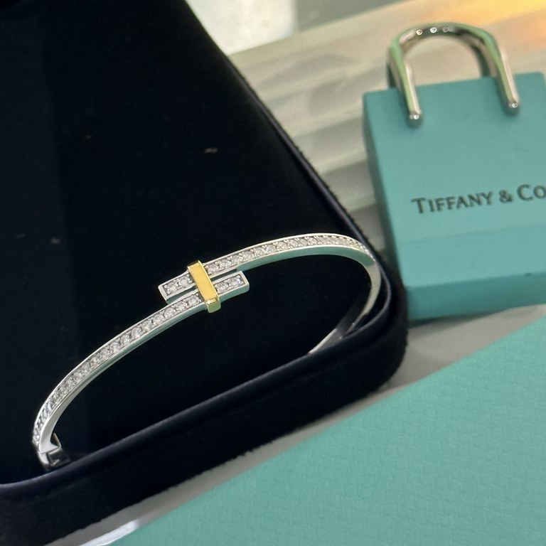 Tiffany   models Tiffany 23C new row of diamonds two-color bracelet simple atmosphere versatile non-fading and non-allergic Throughout the body of the S925 sterling silver material plating thick gold fashionable timeless