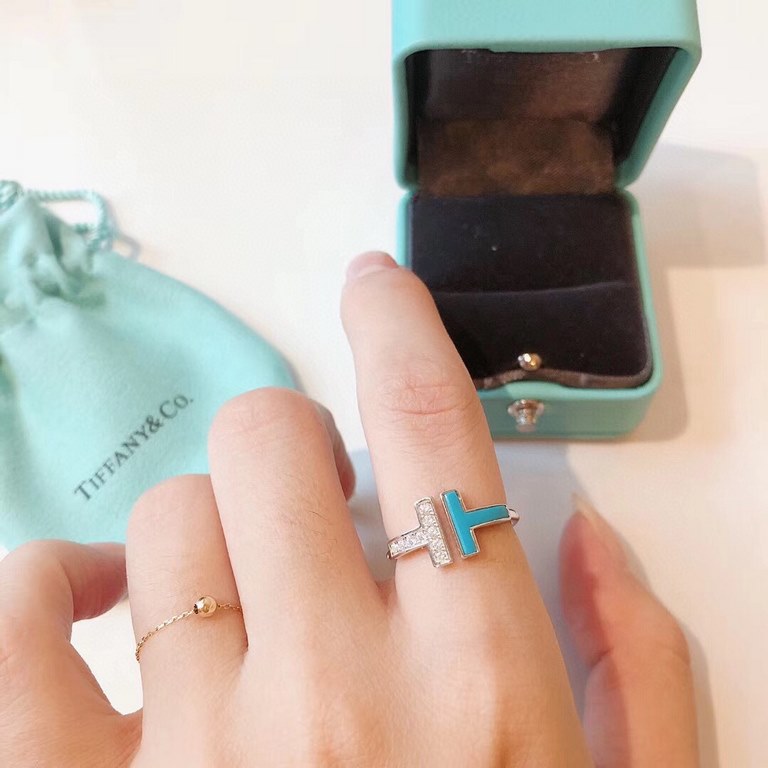 Tiffany Tiffany New listing Blue turquoise spliced diamonds Asymmetric double T open ring Selected German imported s925 sterling silver material Original consistent one to one customized High-end imported customized Open