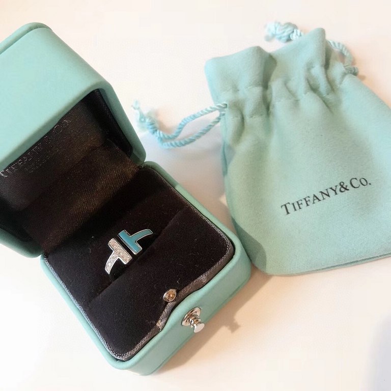 Tiffany Tiffany New listing Blue turquoise spliced diamonds Asymmetric double T open ring Selected German imported s925 sterling silver material Original consistent one to one customized High-end imported customized Open