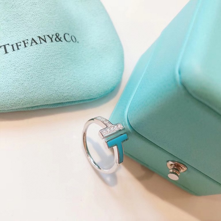 Tiffany Tiffany New listing Blue turquoise spliced diamonds Asymmetric double T open ring Selected German imported s925 sterling silver material Original consistent one to one customized High-end imported customized Open