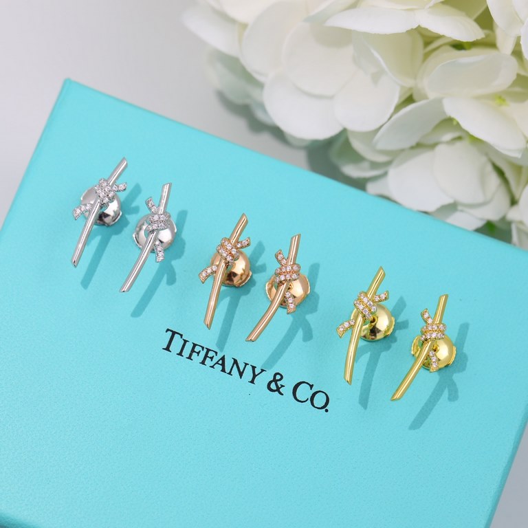 New Tiffany knot earrings short silver pin sub gold with original logo   beauty breathtaking this year's hottest new models   Tiffany earrings   [925] plating 18k gold thick gold plating with flying saucer ear plugs