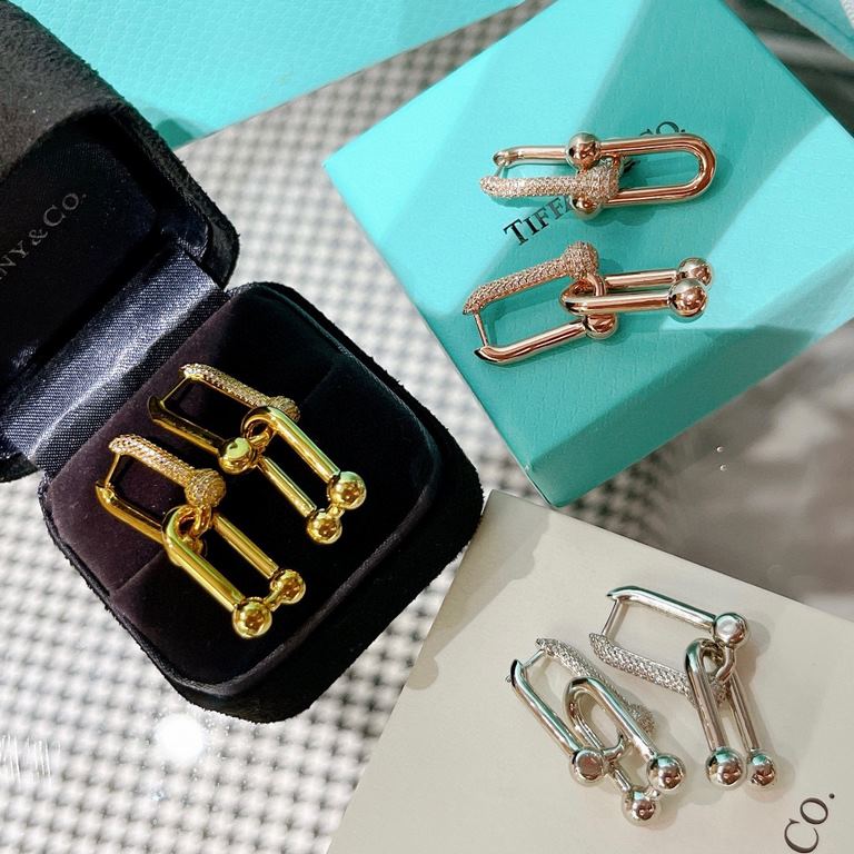 Tiffany Tiffany Hot Hot Joints Double Link Earrings Semi-diamonds Handmade Detachable Single Ring Super Fine Craftsmanship Original V Gold Plated Micronized Allergy Resistant Rose Gold Rose Gold Platinum Gold 3 Color Ear