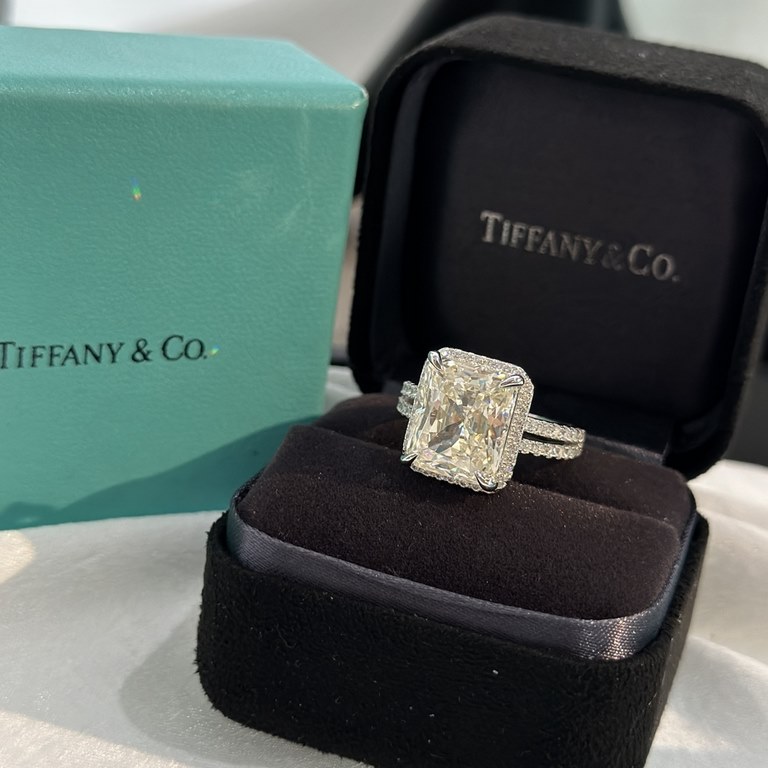 [Simulation Diamond 】Tiffany True four claw five carat square diamond row diamond ring purchase level one to one original single top 925 sterling silver setting using four claw setting structure mounting position lower, 