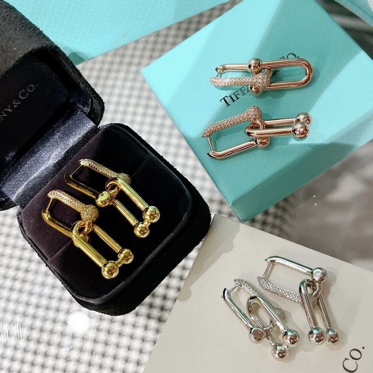 Tiffany Tiffany Hot Hot Joints Double Link Earrings Semi-diamonds Handmade Detachable Single Ring Super Fine Craftsmanship Original V Gold Plated Mimicry Allergy Resistant Rose Gold Rose Gold Platinum Gold 3 Color Earrin