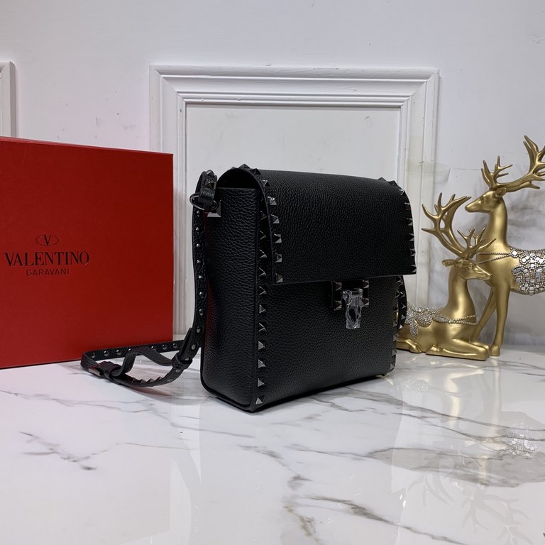 Black gunmetal grained vertical Valentino Valentino calf leather crossbody bag embellished with metallic moose print Matching color-finished rivets and metal hardware - Hook-and-loop closure Adjustable shoulder strap 018