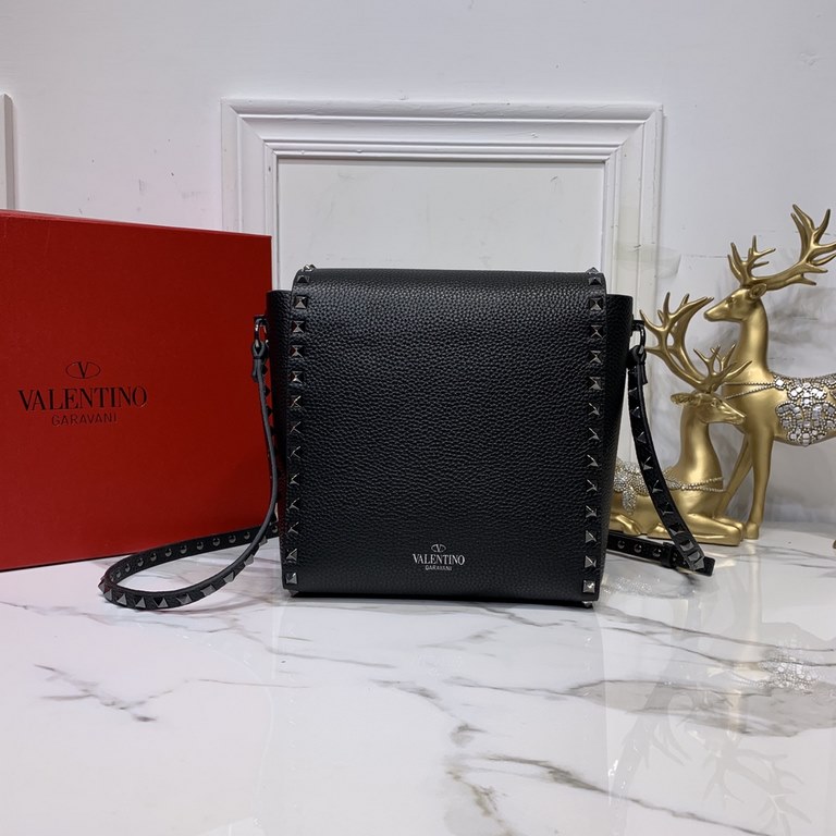 Black gunmetal grained vertical Valentino Valentino calf leather crossbody bag embellished with metallic moose print Matching color-finished rivets and metal hardware - Hook-and-loop closure Adjustable shoulder strap 018