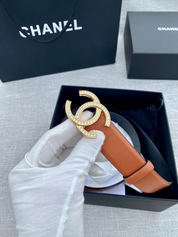 Width 3.0cm Chanel (Chanel) original touch grain cowhide support NFC chip official website link   scanning code verification, gold and silver color diamonds steel buckle.