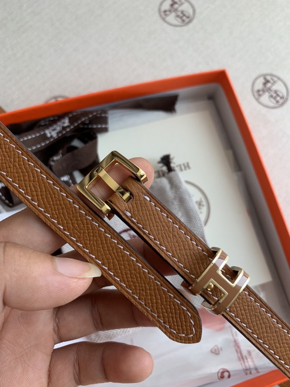 Hermès POP-H series palm grain earthy yellow reverse gold brown belt and enamel buckle perfect combination of belts and waistbands variable combinations thin belt 1.5cm small, beautiful than the previous big H good-looki