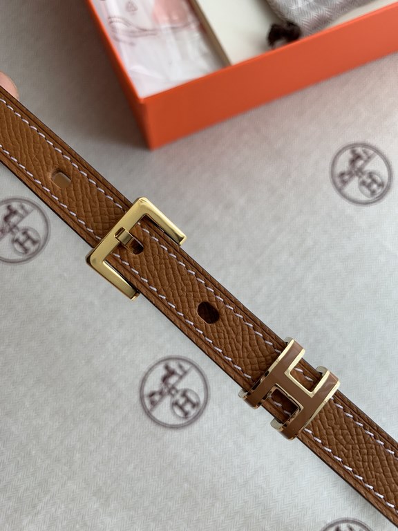 Hermès POP-H series palm grain earthy yellow reverse gold brown belt and enamel buckle perfect combination of belts and waistbands variable combinations thin belt 1.5cm small, beautiful than the previous big H good-looki