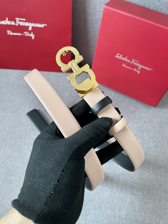 With a full set of packing gift box  Ferragamo women's double-sided imported calfskin head belt with 8 word boutique buckle, 2.5cm support NFC