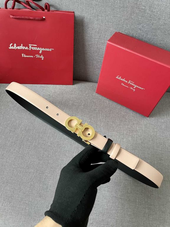 With a full set of packing gift box  Ferragamo women's double-sided imported calfskin head belt with 8 word boutique buckle, 2.5cm support NFC